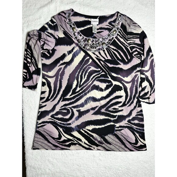 Chico's Sz 2 Rhinestone Neck Line Animal Print Purple Black Blouse Shirt Top - Picture 1 of 7